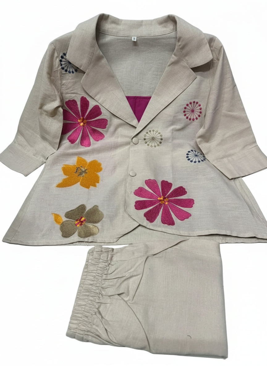 Floral Applique Embroidery Cotton Flex Linen Co-Ord Set for Women