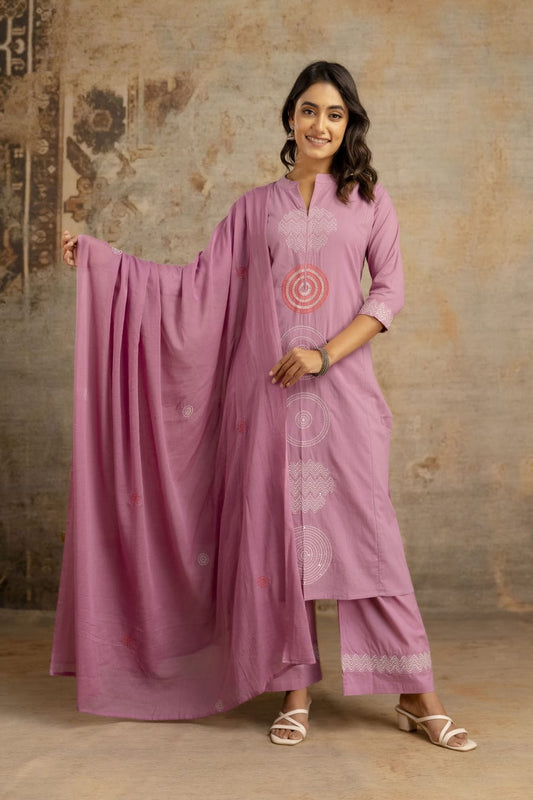 Stylish Front-Lined Silky Cotton Ethnic Suit with Embroidery