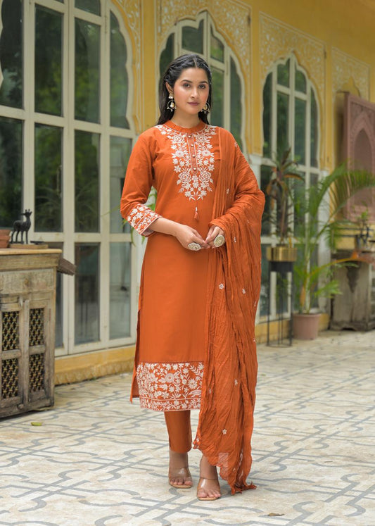 Rust Orange Cotton 60-60 Fully Embroidered Kurta Set for Women with Dupatta
