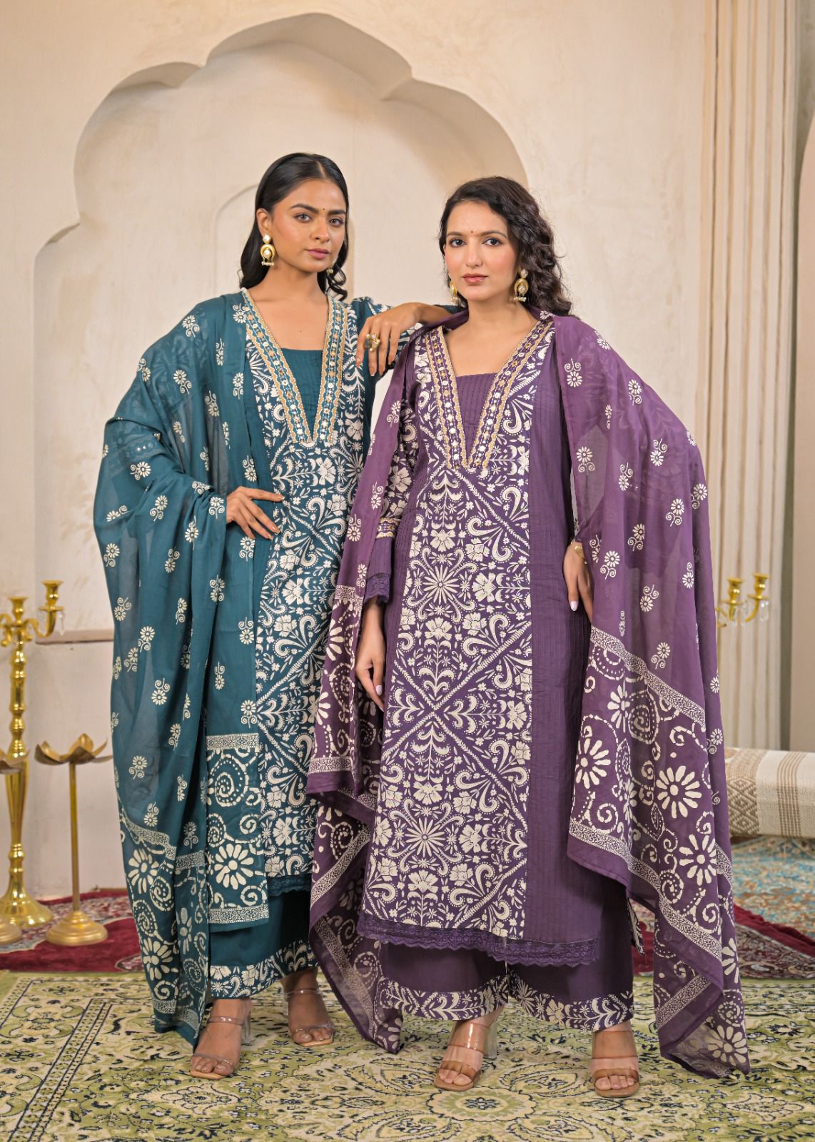 Woman Straight 3 Piece Set of Suit with Neck & Sleeve Embroidery