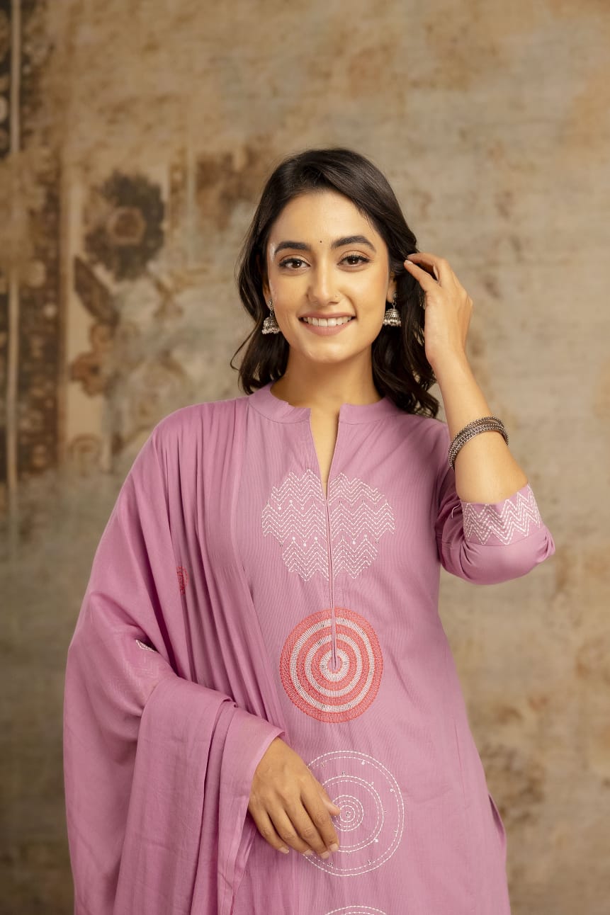 Stylish Front-Lined Silky Cotton Ethnic Suit with Embroidery