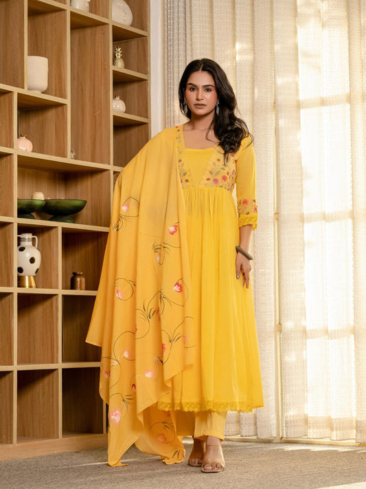 Embroidered Cotton A-Line Kurta Set with Digital Print Dupatta