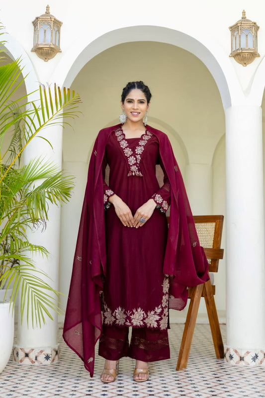 Elegant Wine Patchwork Kurta Set with Dupatta – Festive & Party Wear Ethnic Wear