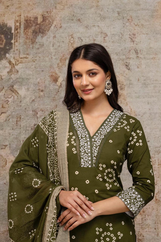 Elegant Neck embroidery with sleeves embroidery 3-Piece Suit Set with Dupatta & Bottom – Cotton Fabric