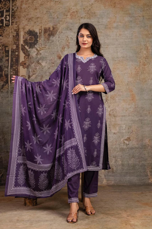 Cotton Block Print Suit Set with Dupatta – Ethnic Wear for Women
