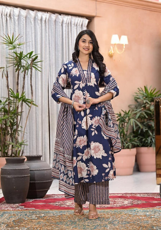 Cotton Fabric Embroidered neckline 3 Piece Suit Set for Women – Kurta, Pant & Dupatta