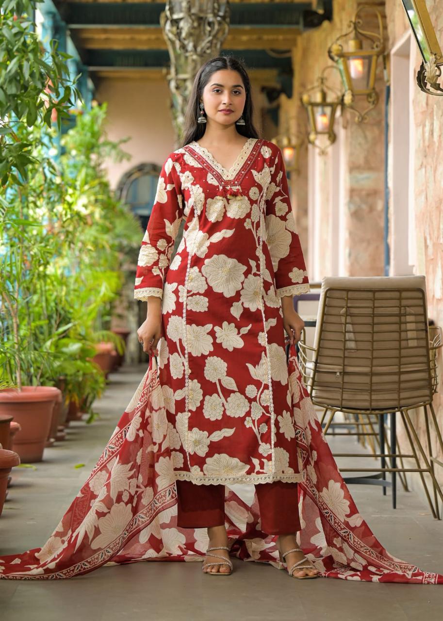 Woman Lace with beat work Printed Floral kurta Pant with Dupatta