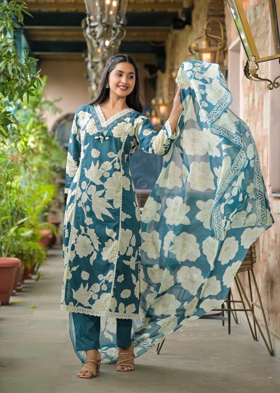 Woman Lace with beat work Printed Floral kurta Pant with Dupatta