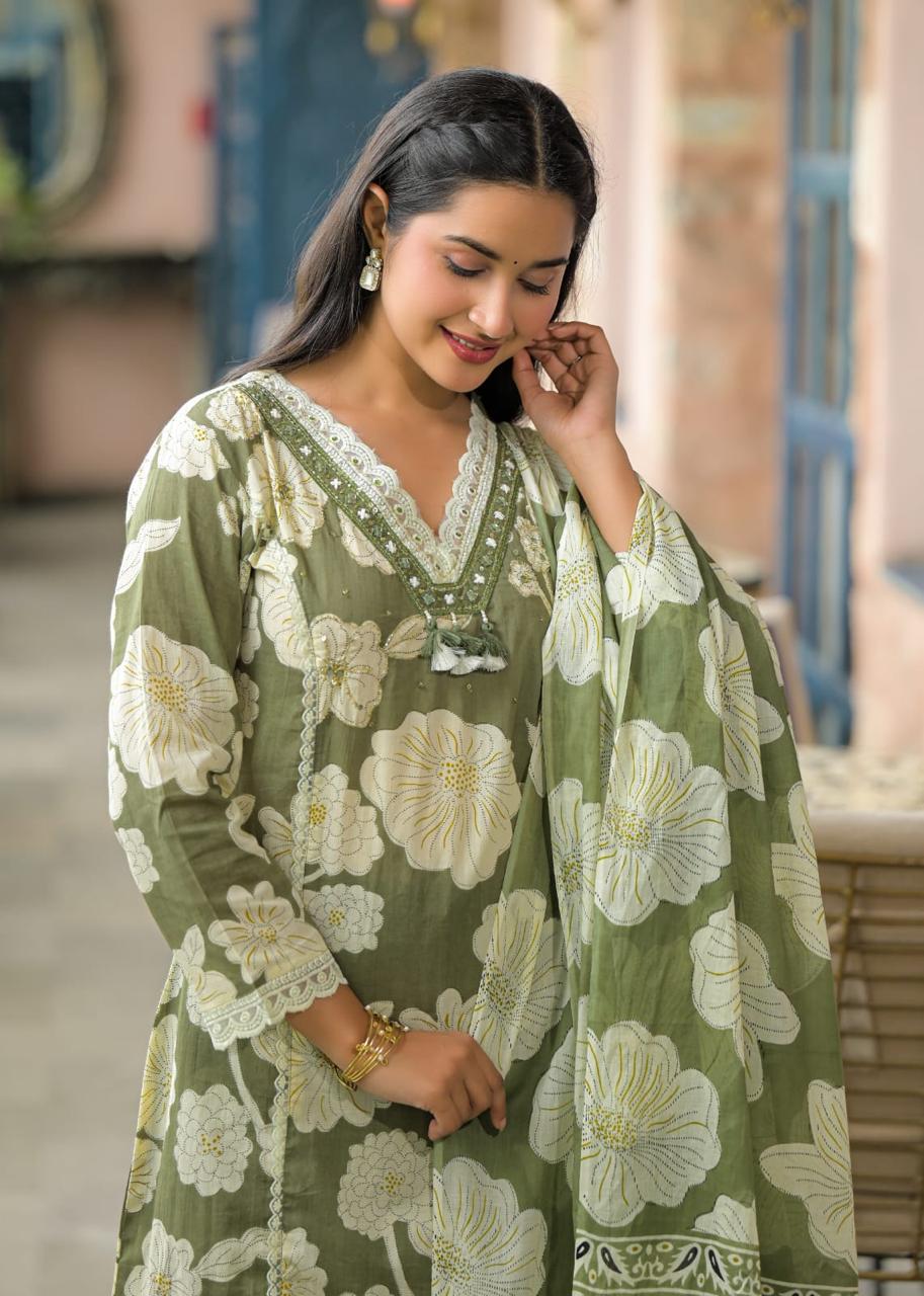 Woman Lace with beat work Printed Floral kurta Pant with Dupatta