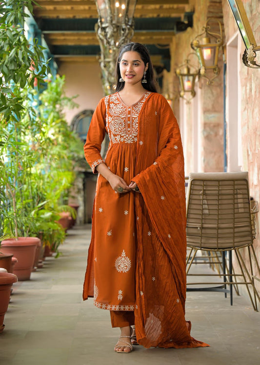 Traditional Anarkali Suit Set with Floral Embroidery 3pec set