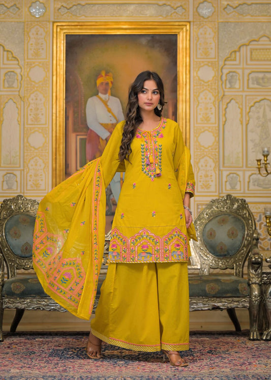 Premium Embroidered 3-Piece Ethnic Set – Kurta, Divider Palazzo & Dupatta