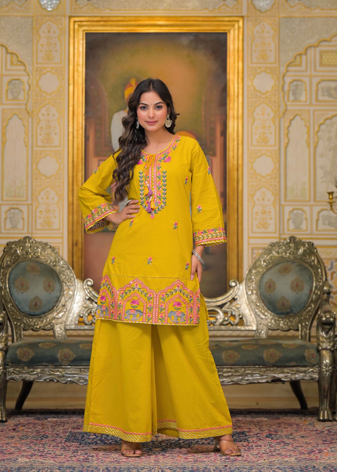 Premium Embroidered 3-Piece Ethnic Set – Kurta, Divider Palazzo & Dupatta