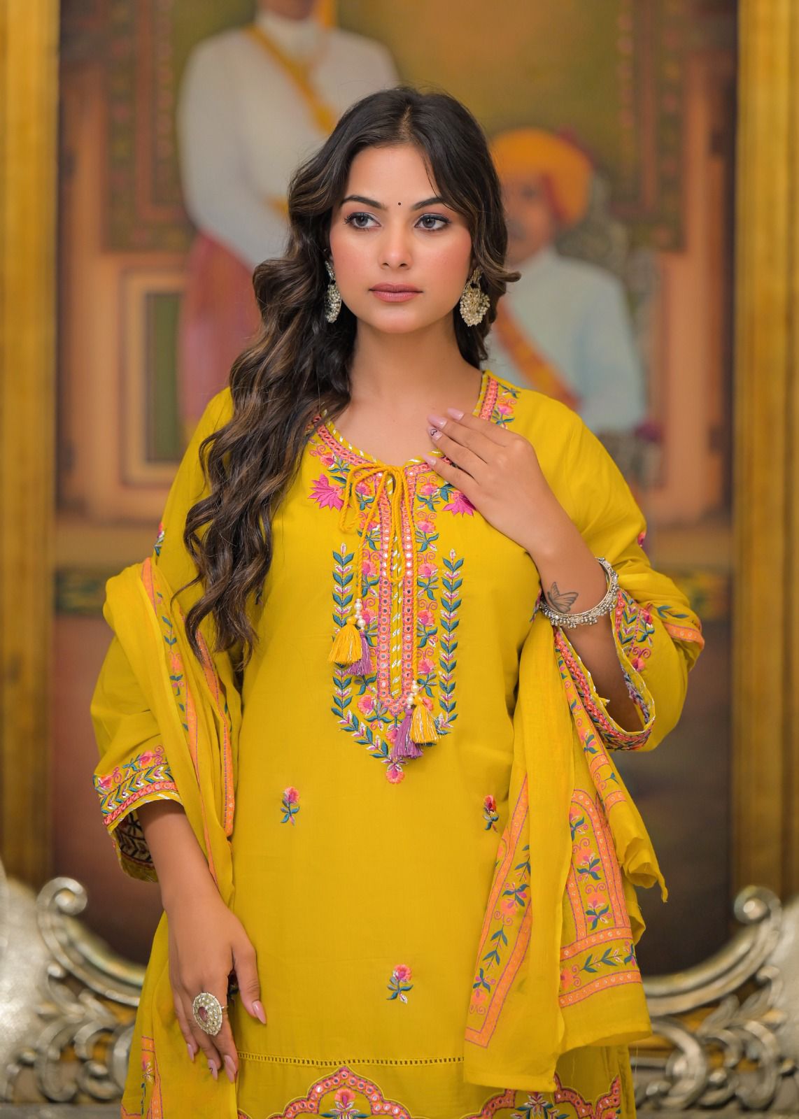 Premium Embroidered 3-Piece Ethnic Set – Kurta, Divider Palazzo & Dupatta