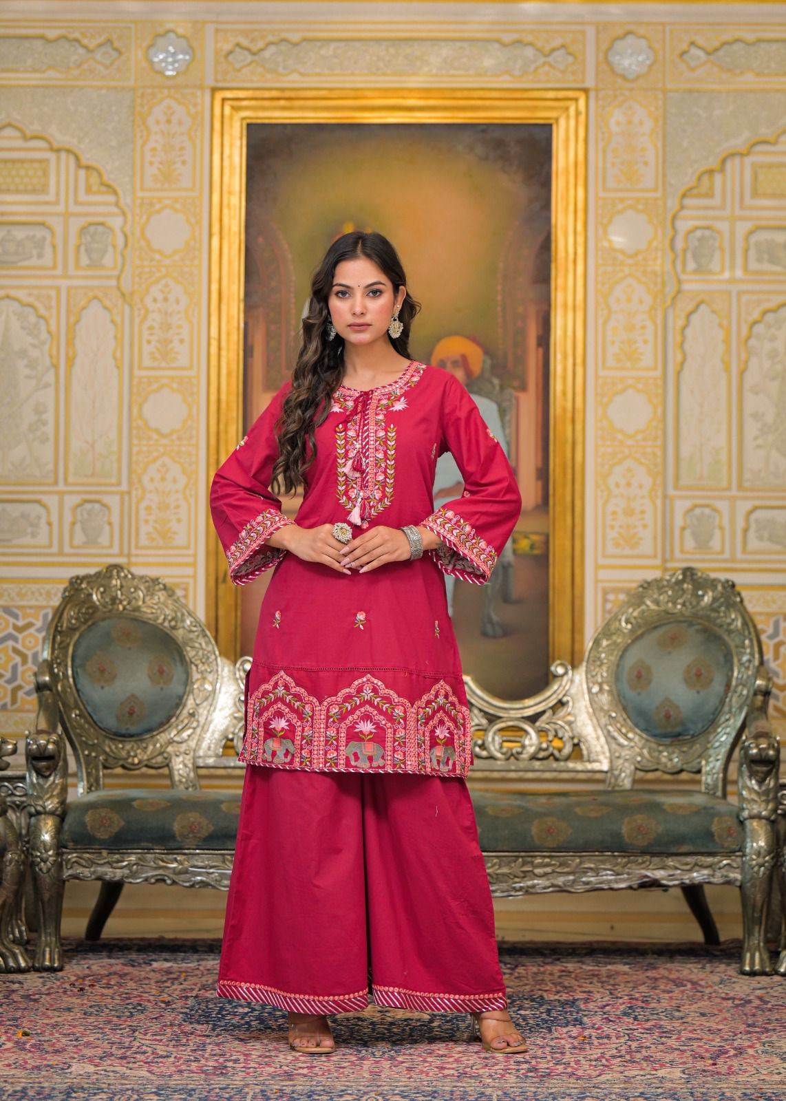 Premium Embroidered 3-Piece Ethnic Set – Kurta, Divider Palazzo & Dupatta