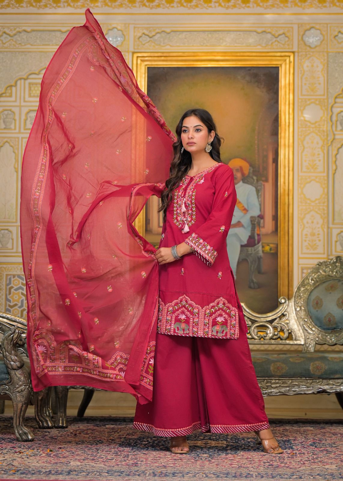 Premium Embroidered 3-Piece Ethnic Set – Kurta, Divider Palazzo & Dupatta