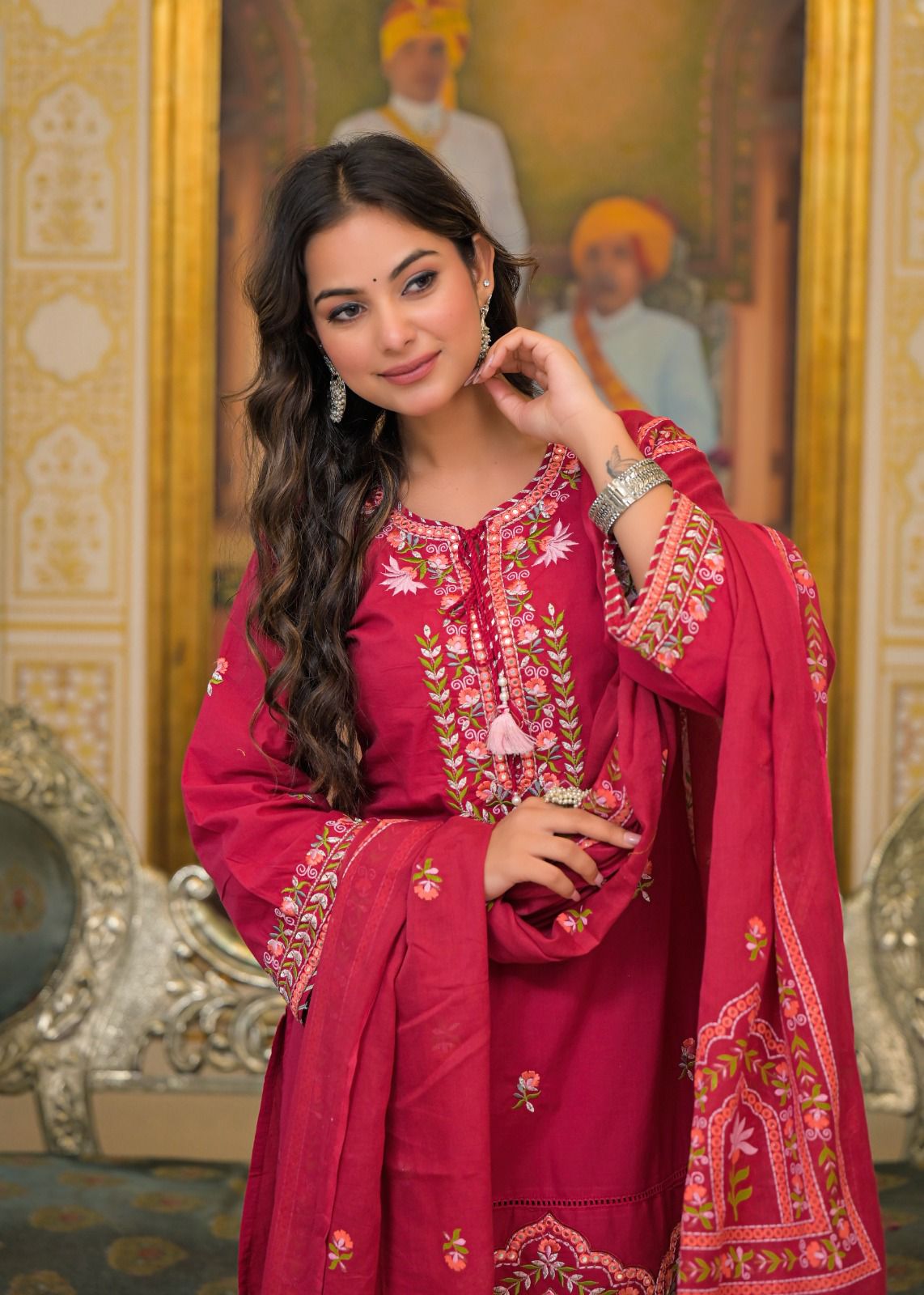 Premium Embroidered 3-Piece Ethnic Set – Kurta, Divider Palazzo & Dupatta