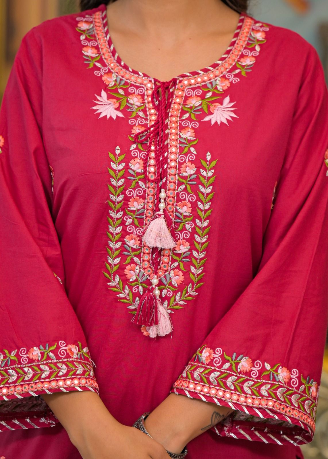 Premium Embroidered 3-Piece Ethnic Set – Kurta, Divider Palazzo & Dupatta