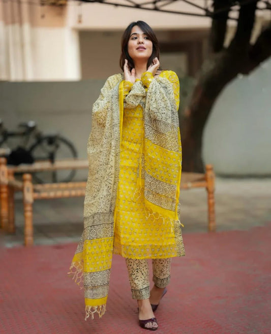 Premium Fine Kota Doria Kurti Pant Dupatta Suit Set