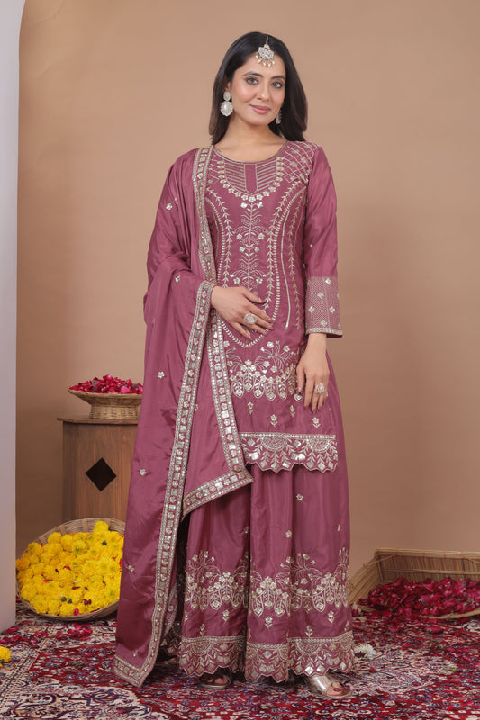 Premium Designer Embroidered Natural Crepe Sharara Suit Set with Sequins Work