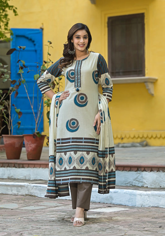 Women’s Cream Cotton Printed Kurta with Dupatta & Brown Pants