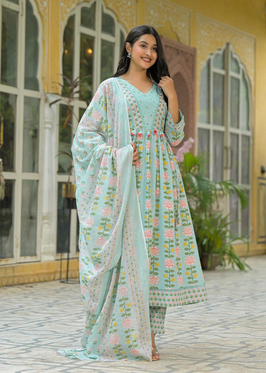 Block Print Anarkali Kurta Set with Matching Pants & Dupatta for Woman
