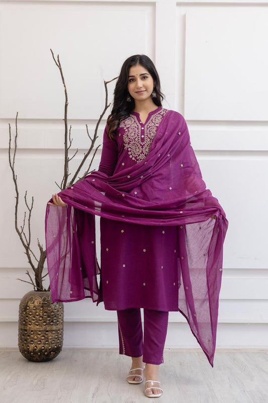 Women's Magenta Cotton Flex 3 Piece Set – Full Embroidery Work Kurta, Pants & Dupatta