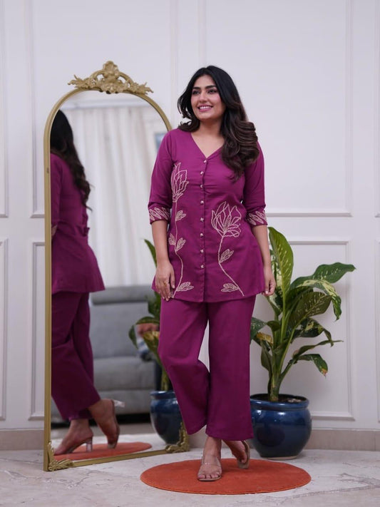 Elegant Office Wear Cotton Embroidered Women’s Kurti Pant Co-Ord Set