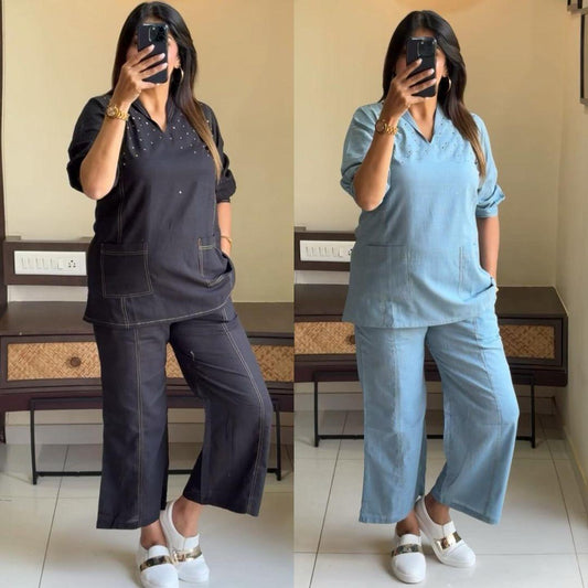 Premium Cotton Slub Handwork Co-Ord Kurti Pant Set