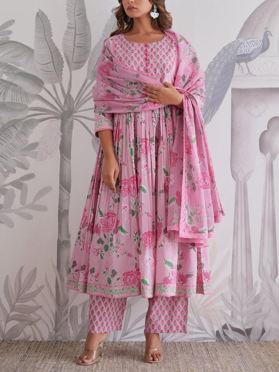 Premium Pure Cotton Anarkali Set with Hand & Adda Sequence Work – Festival Designer Collection
