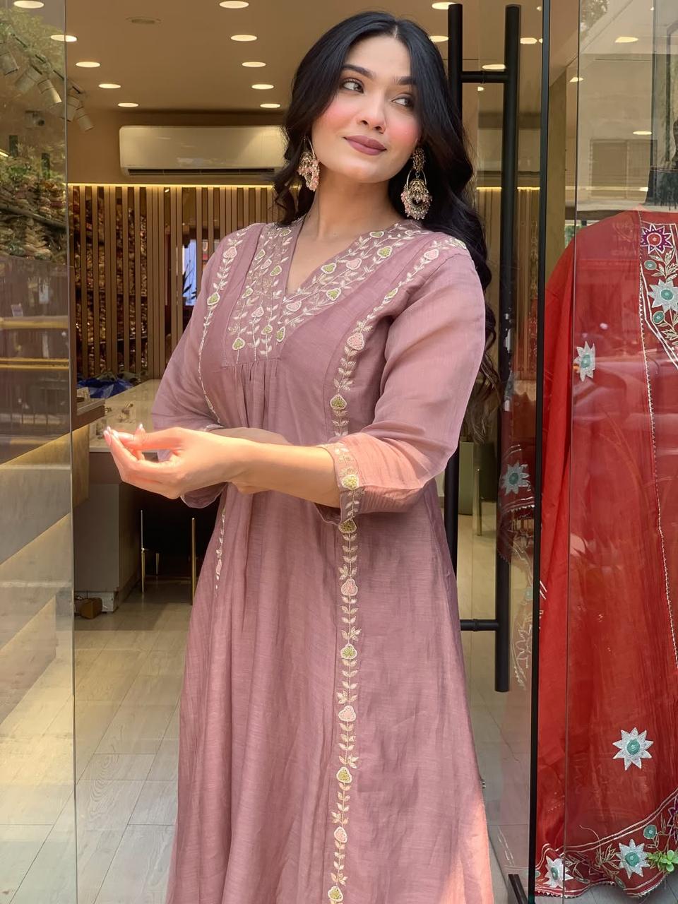 Lizza Premium Mul Chanderi Anarkali Suit Set with Full Embroidery Work (3-Piece)