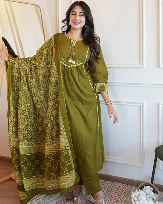 Premium Heavy Cotton Kurti Pant Dupatta Set with Printed Cotton Dupatta