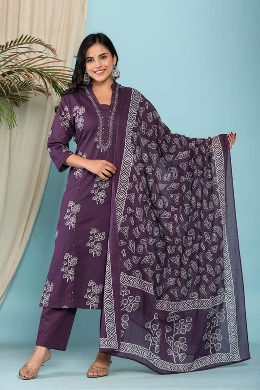 Elegant 3-Piece 60-60 Embroided Cotton Kurta Pant Set with Dupatta Comfortable Daily & Festive Wear
