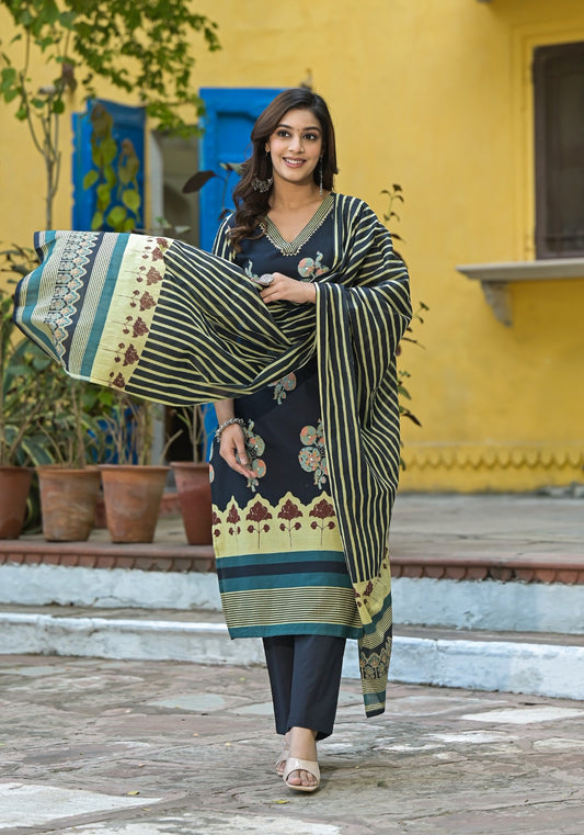 Navy Blue Cotton 3-piece Suit Set with floral , striped dupatta, and printed border design.