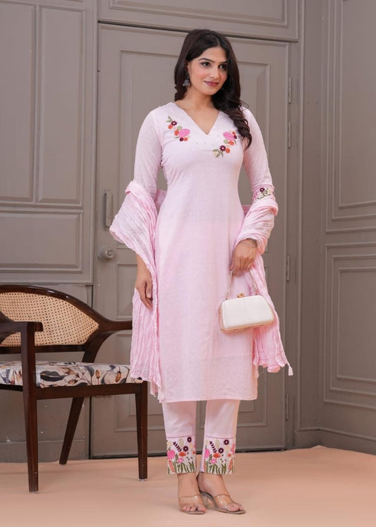Light Pink Embroidered Cotton Kurta Set with Dupatta