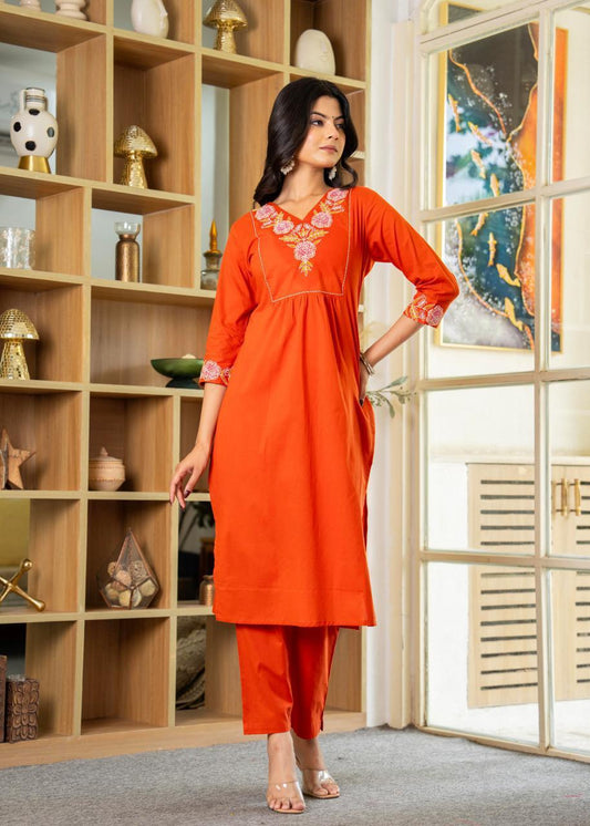 Elegant Orange Embroidered Cotton Kurta Set with Dupatta