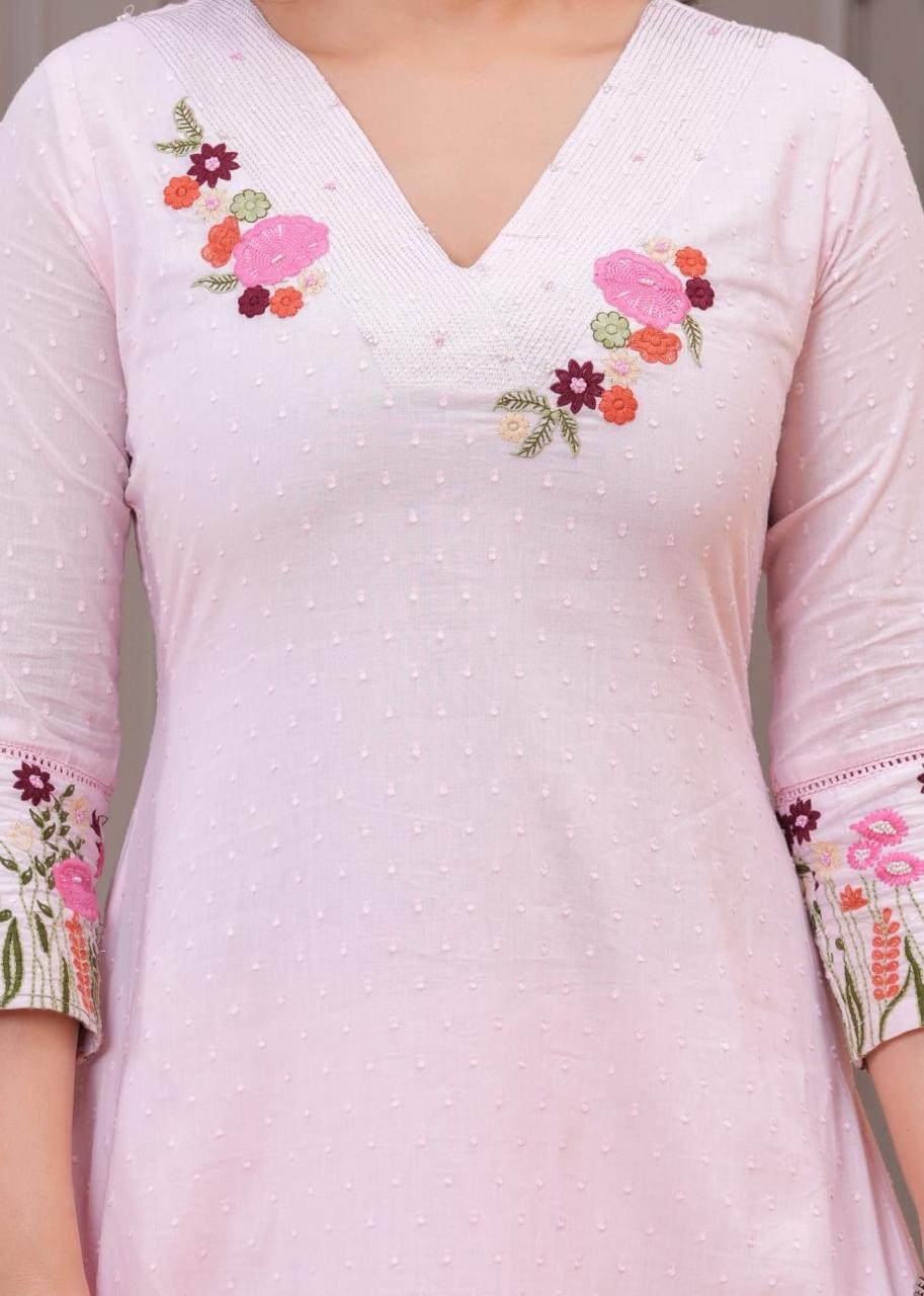 Light Pink Embroidered Cotton Kurta Set with Dupatta