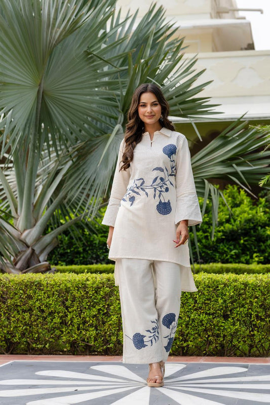 Contemporary Off-White Co-Ord Set with Blue Floral Embroidery