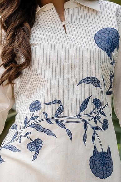 Contemporary Off-White Co-Ord Set with Blue Floral Embroidery