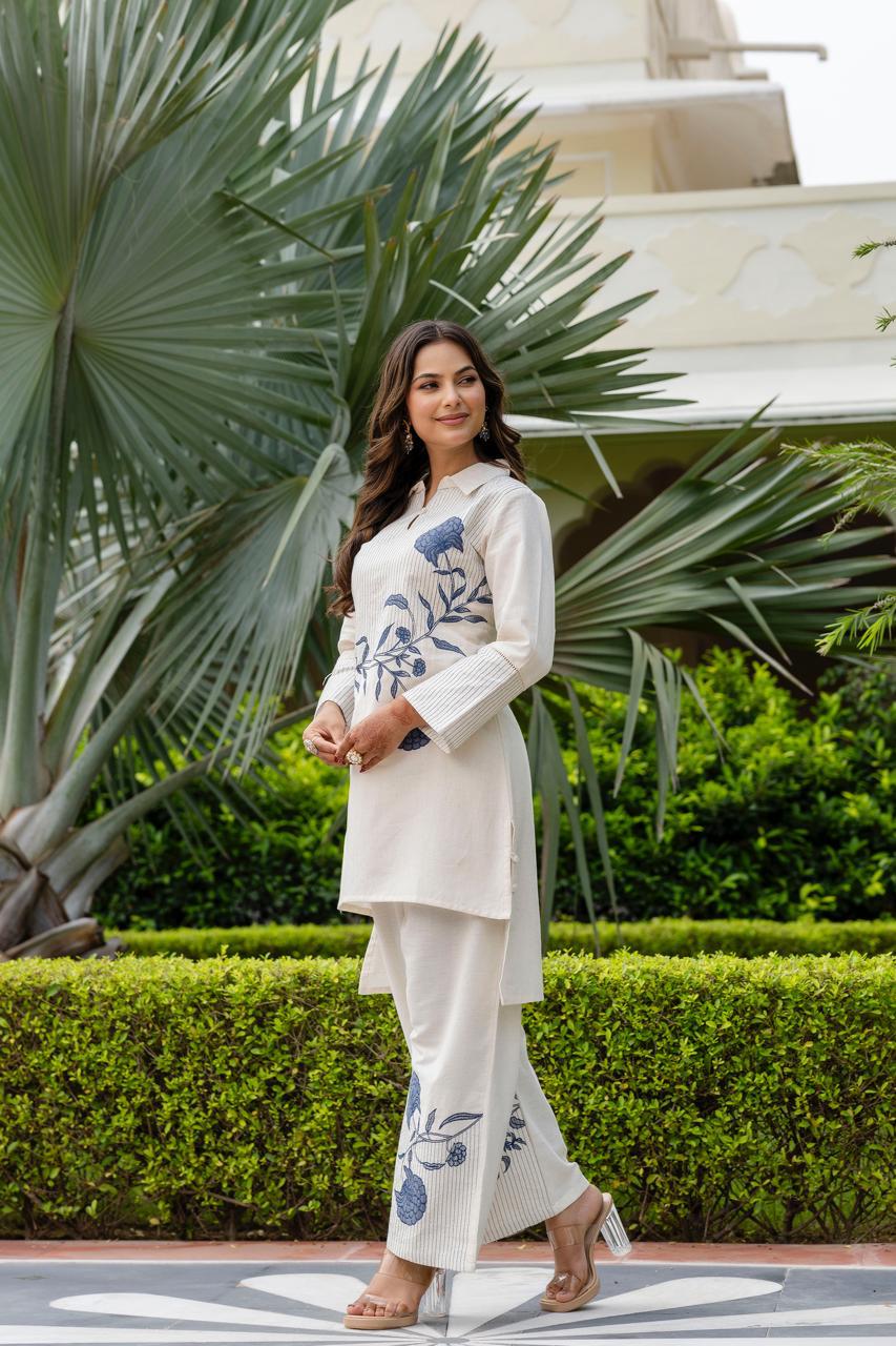 Contemporary Off-White Co-Ord Set with Blue Floral Embroidery