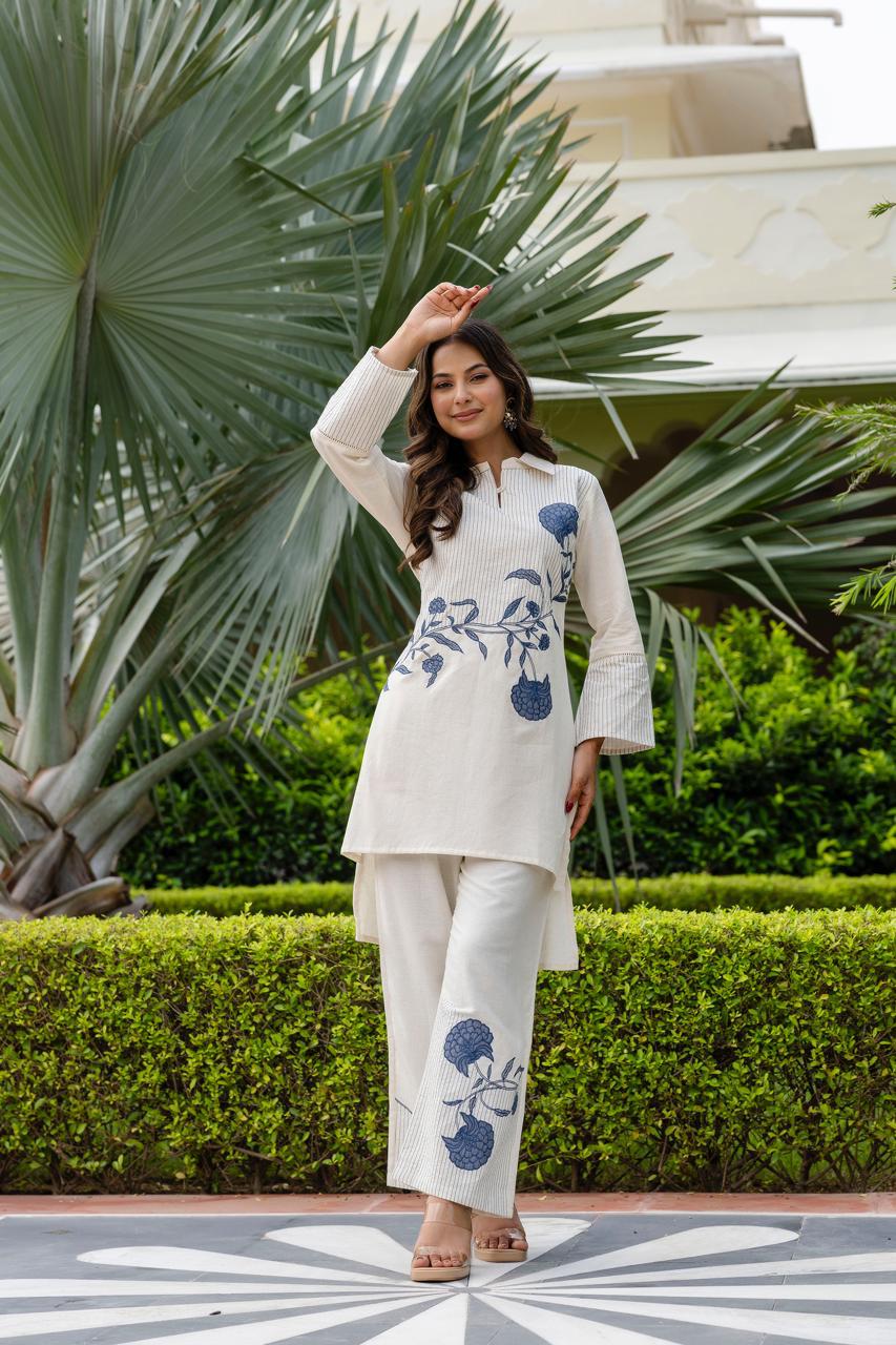 Contemporary Off-White Co-Ord Set with Blue Floral Embroidery