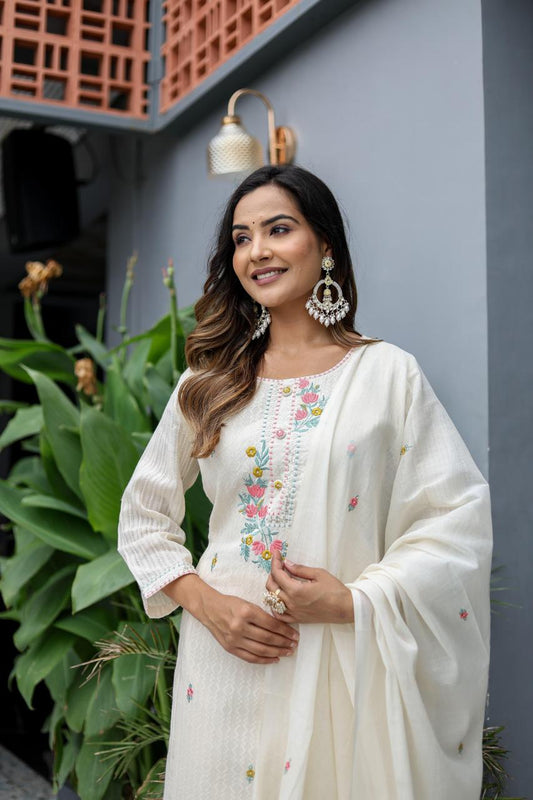 Elegant Off-White Embroidered Straight Kurta Set with Dupatta