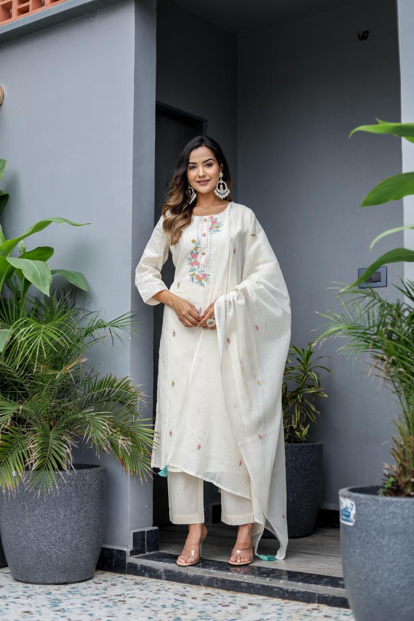 Elegant Off-White Embroidered Straight Kurta Set with Dupatta