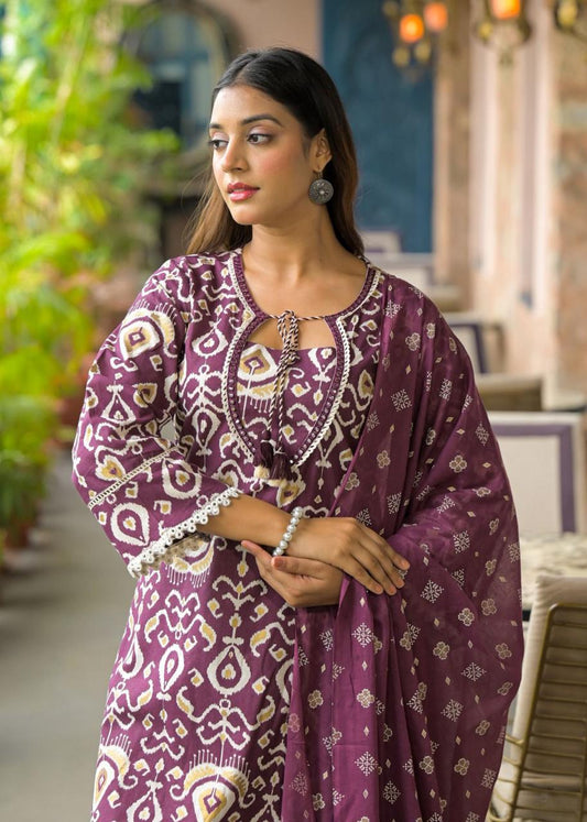 Elegant Maroon Ethnic Printed Kurta Set with Palazzo and Dupatta