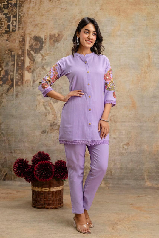 Lilac Cord Set with Bold Floral Embroidery