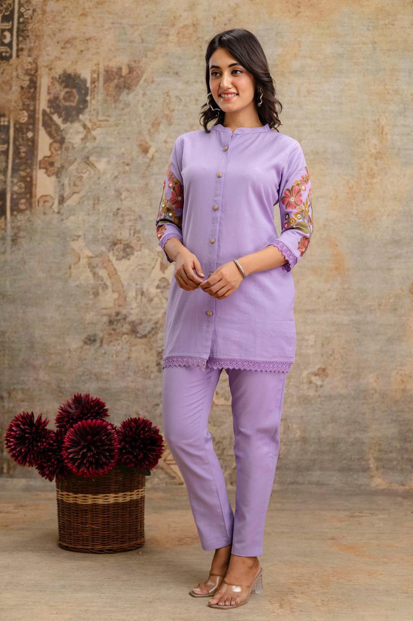 Lilac Cord Set with Bold Floral Embroidery