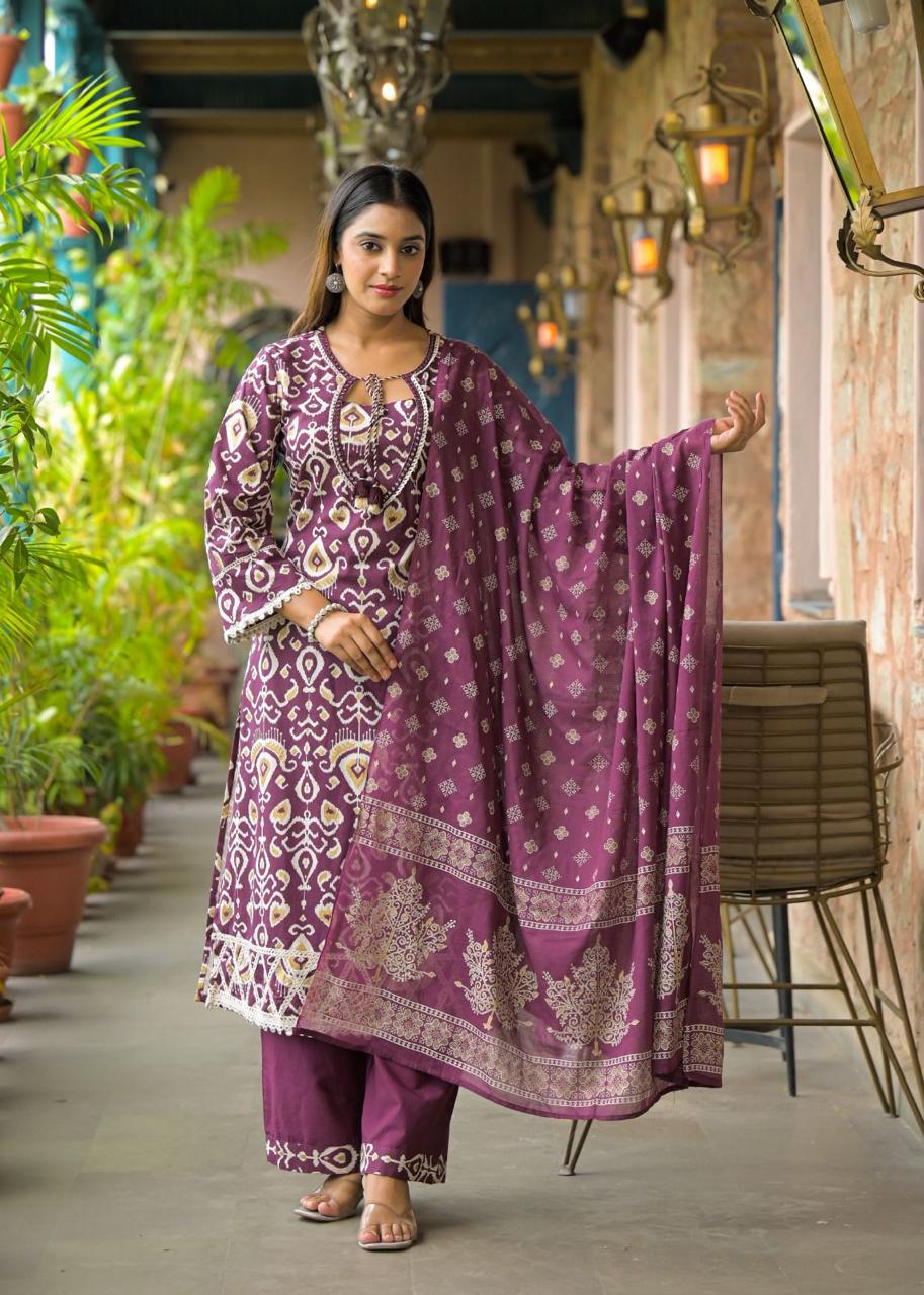 Elegant Maroon Ethnic Printed Kurta Set with Palazzo and Dupatta