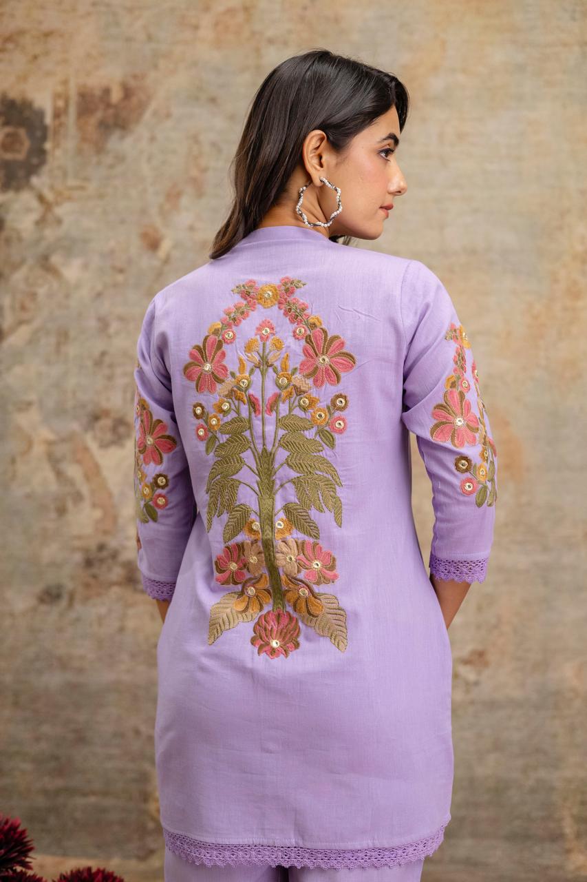 Lilac Cord Set with Bold Floral Embroidery