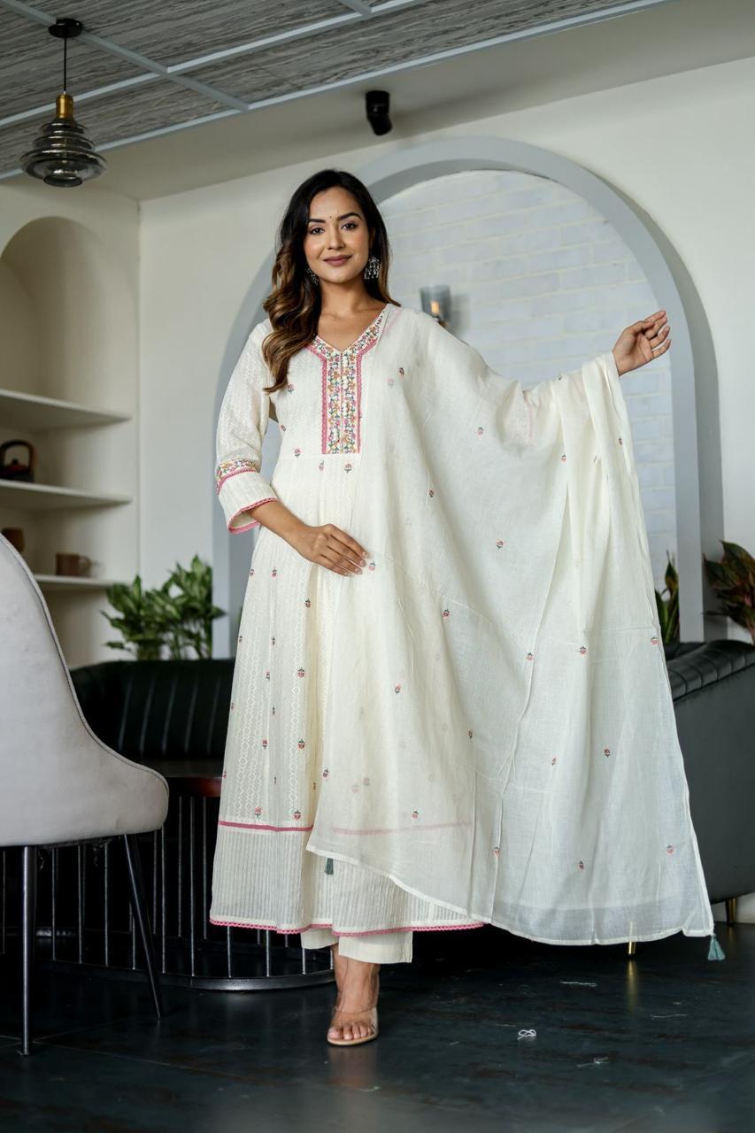 Elegant Off-White Embroidered Anarkali Kurta Set with Dupatta