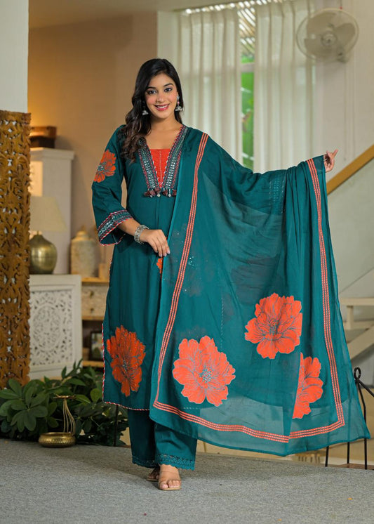 Premium Cotton 60-60 3-Piece Suit Set with Full Appliqué Work & Lining