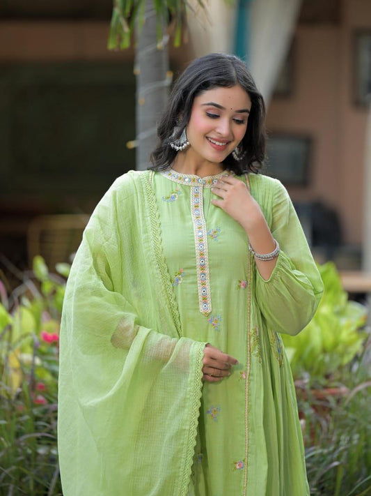 Embroidered Light Green A-Line Kurta Set with Palazzo Pants